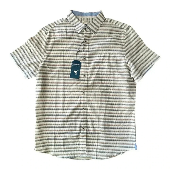 NATURAL BLUE Striped Shirt sz L Brown Blue & White LINEN/COTTON Short Sleeve NWT - Picture 2 of 10